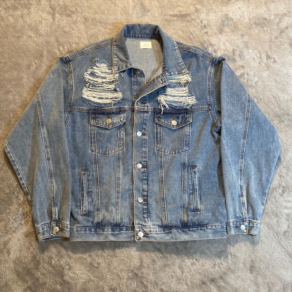 Blue Buttercup Ripped Distressed Oversized Boyfriend Denim Jacket